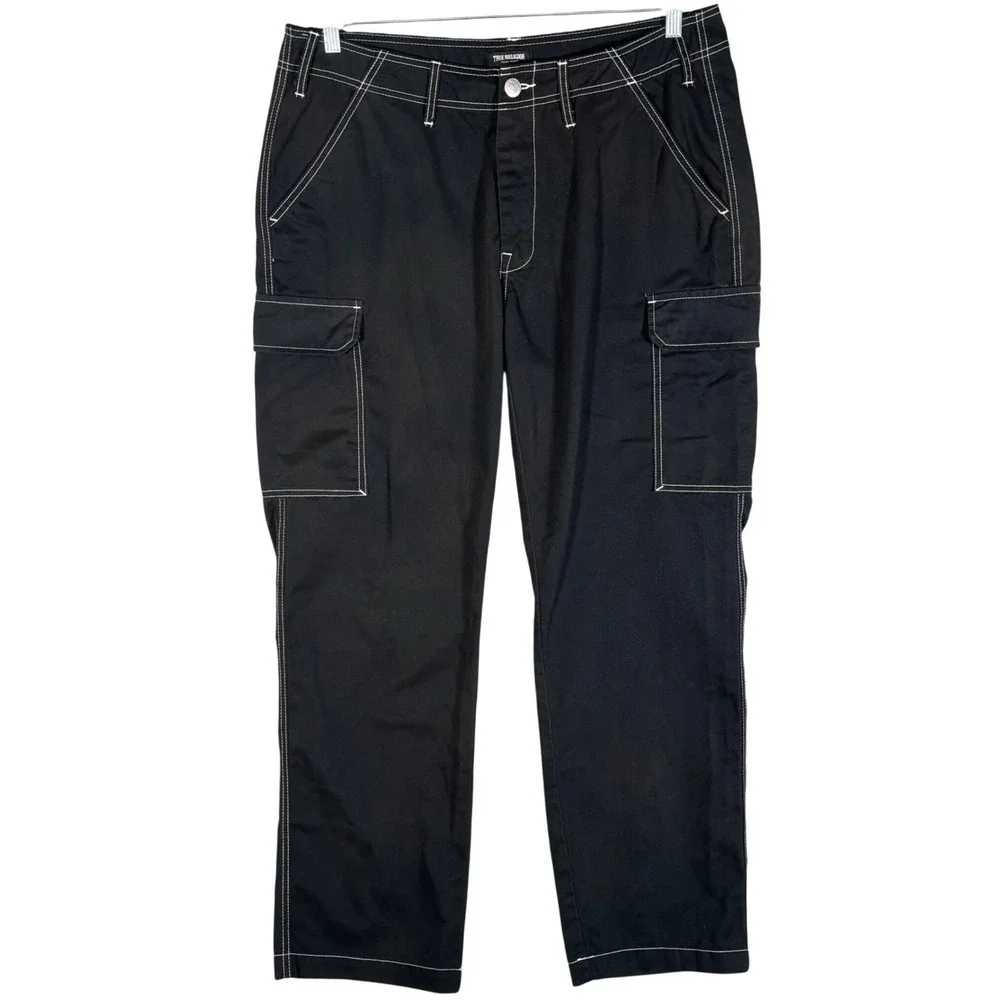 True Religion Mens Black White Contrast Stitch Cargo Pants 36x31 Rave Goth Y2K